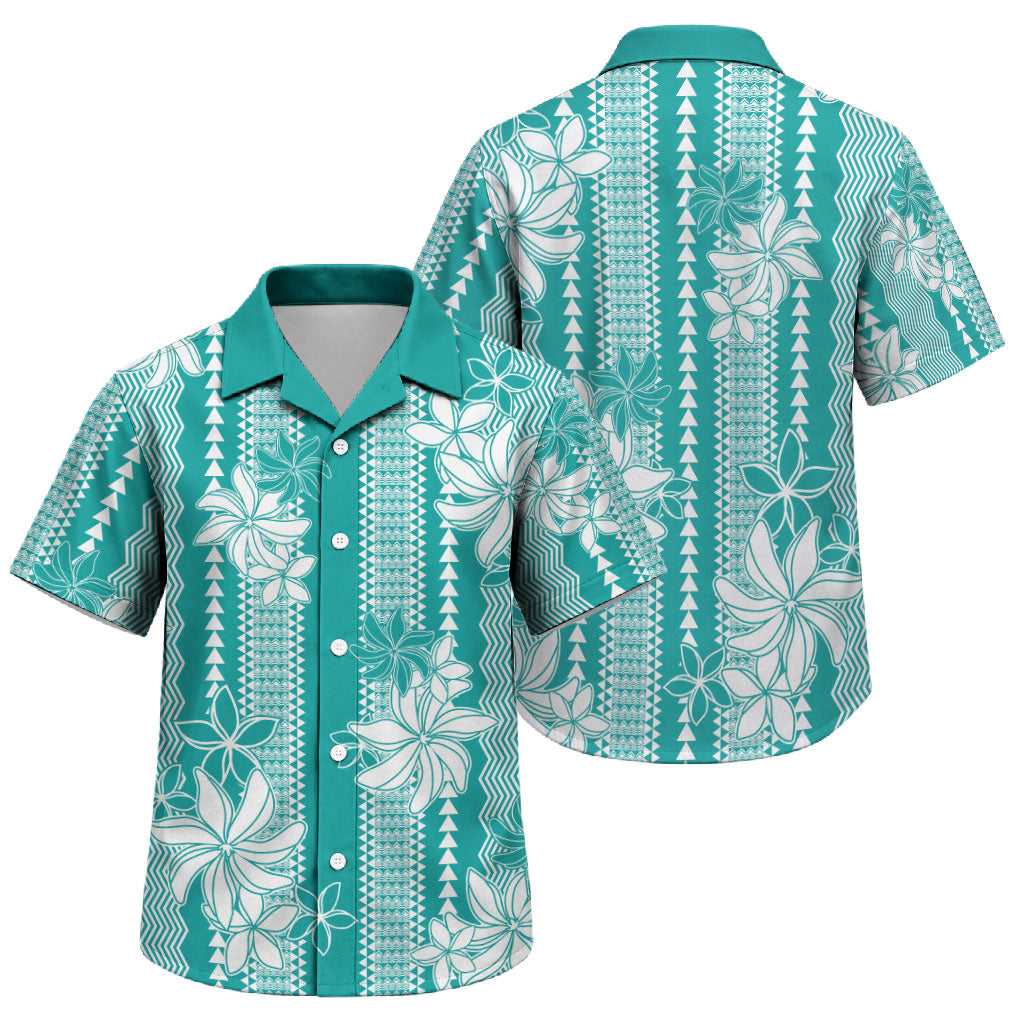 Hawaii Kakau Tribal Family Matching Off Shoulder Short Dress and Hawaiian Shirt With Teal Tiare LT05 Son's Shirt Teal - Polynesian Pride