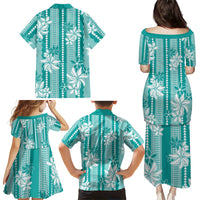 Hawaii Kakau Tribal Family Matching Puletasi and Hawaiian Shirt With Teal Tiare