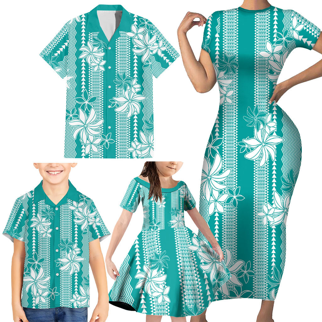 Hawaii Kakau Tribal Family Matching Short Sleeve Bodycon Dress and Hawaiian Shirt With Teal Tiare