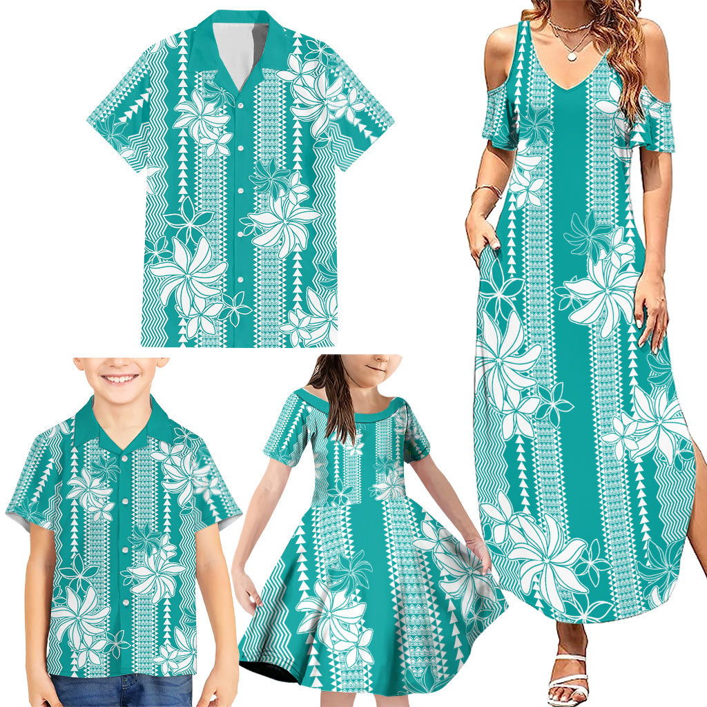 Hawaii Kakau Tribal Family Matching Summer Maxi Dress and Hawaiian Shirt With Teal Tiare