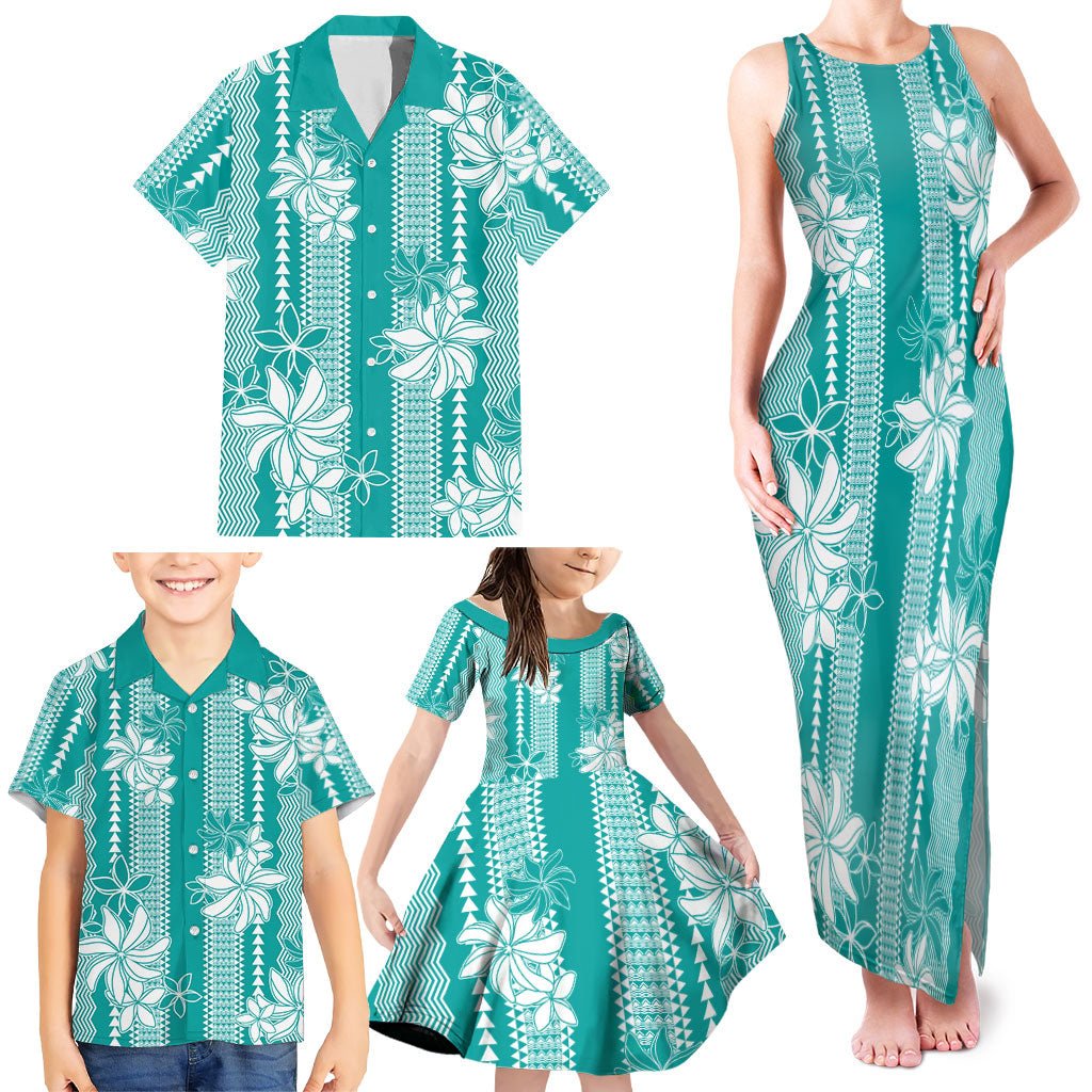Hawaii Kakau Tribal Family Matching Tank Maxi Dress and Hawaiian Shirt With Teal Tiare