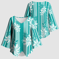 Hawaii Kakau Tribal Kimono Sleeve Blouse With Teal Tiare LT05 - Polynesian Pride