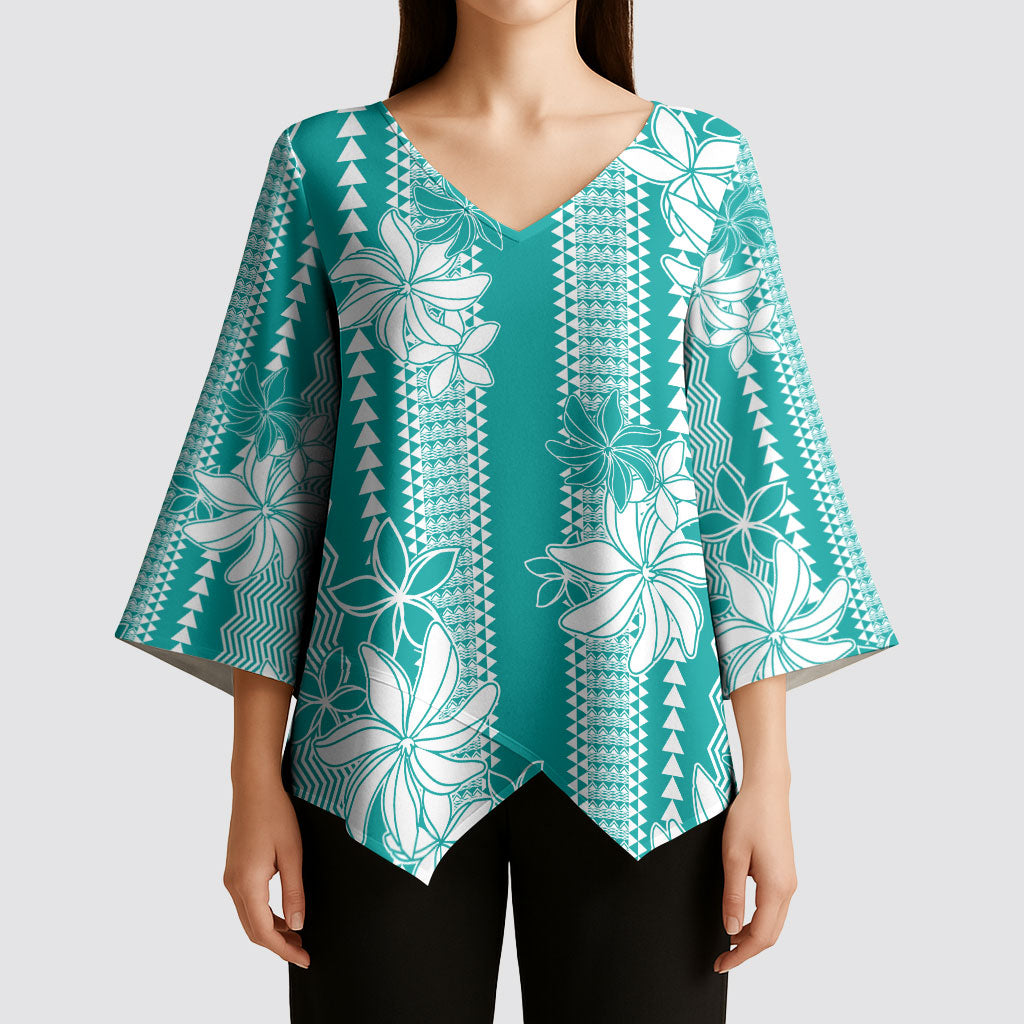 Hawaii Kakau Tribal Kimono Sleeve Blouse With Teal Tiare LT05 - Polynesian Pride