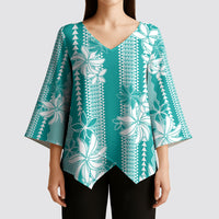 Hawaii Kakau Tribal Kimono Sleeve Blouse With Teal Tiare LT05 - Polynesian Pride