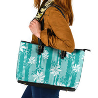 Hawaii Kakau Tribal Leather Tote Bag With Teal Tiare