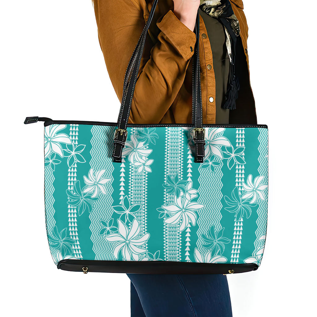 Hawaii Kakau Tribal Leather Tote Bag With Teal Tiare