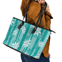 Hawaii Kakau Tribal Leather Tote Bag With Teal Tiare