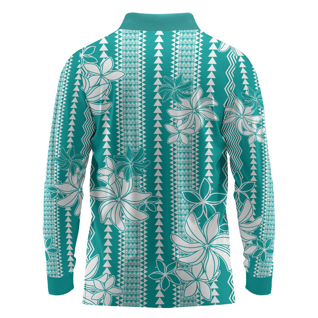 Hawaii Kakau Tribal Long Sleeve Polo Shirt With Teal Tiare