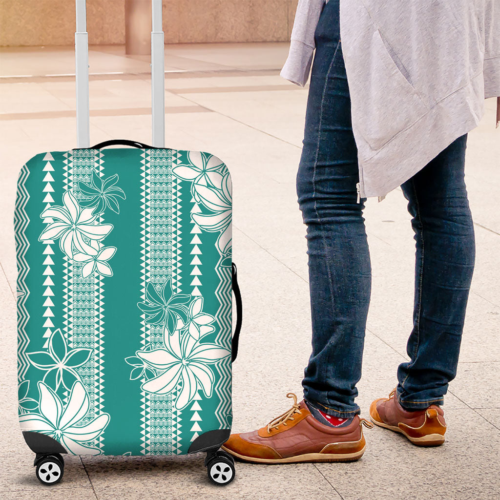 Hawaii Kakau Tribal Luggage Cover With Teal Tiare LT05 Teal - Polynesian Pride