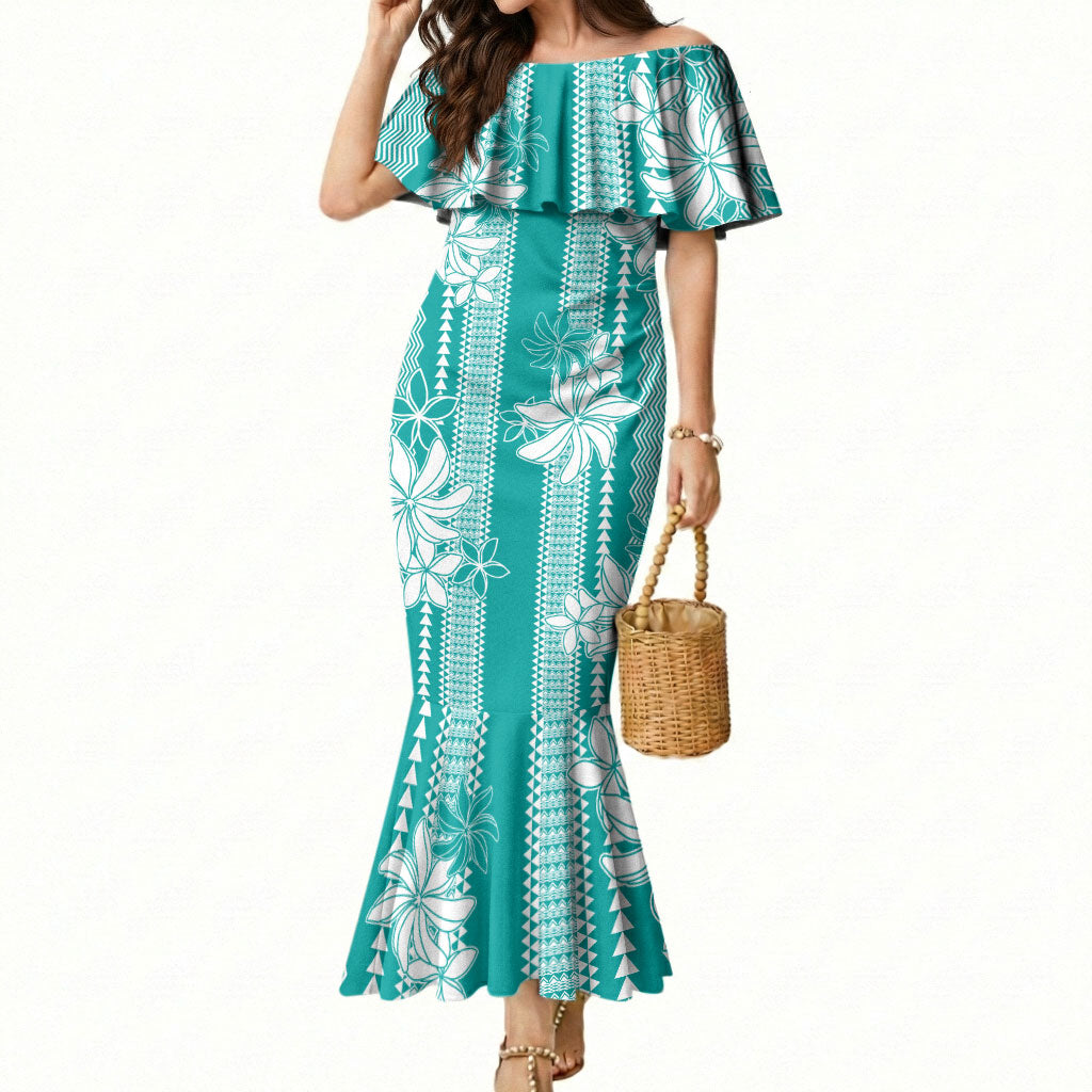 Hawaii Kakau Tribal Mermaid Dress With Teal Tiare LT05 Women Teal - Polynesian Pride