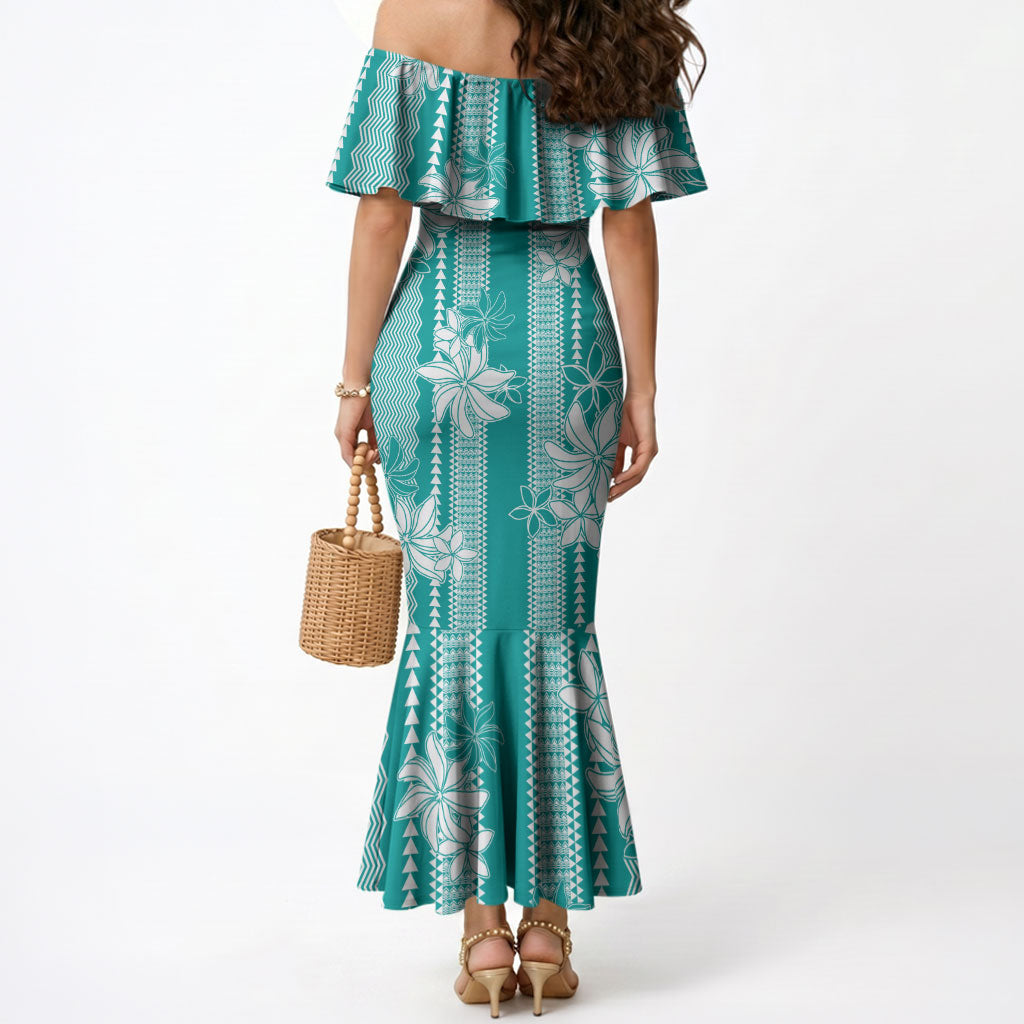 Hawaii Kakau Tribal Mermaid Dress With Teal Tiare LT05 - Polynesian Pride