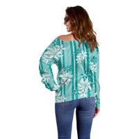 Hawaii Kakau Tribal Off Shoulder Sweater With Teal Tiare