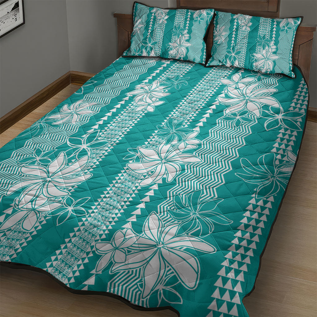 Hawaii Kakau Tribal Quilt Bed Set With Teal Tiare