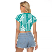 Hawaii Kakau Tribal Raglan Cropped T Shirt With Teal Tiare