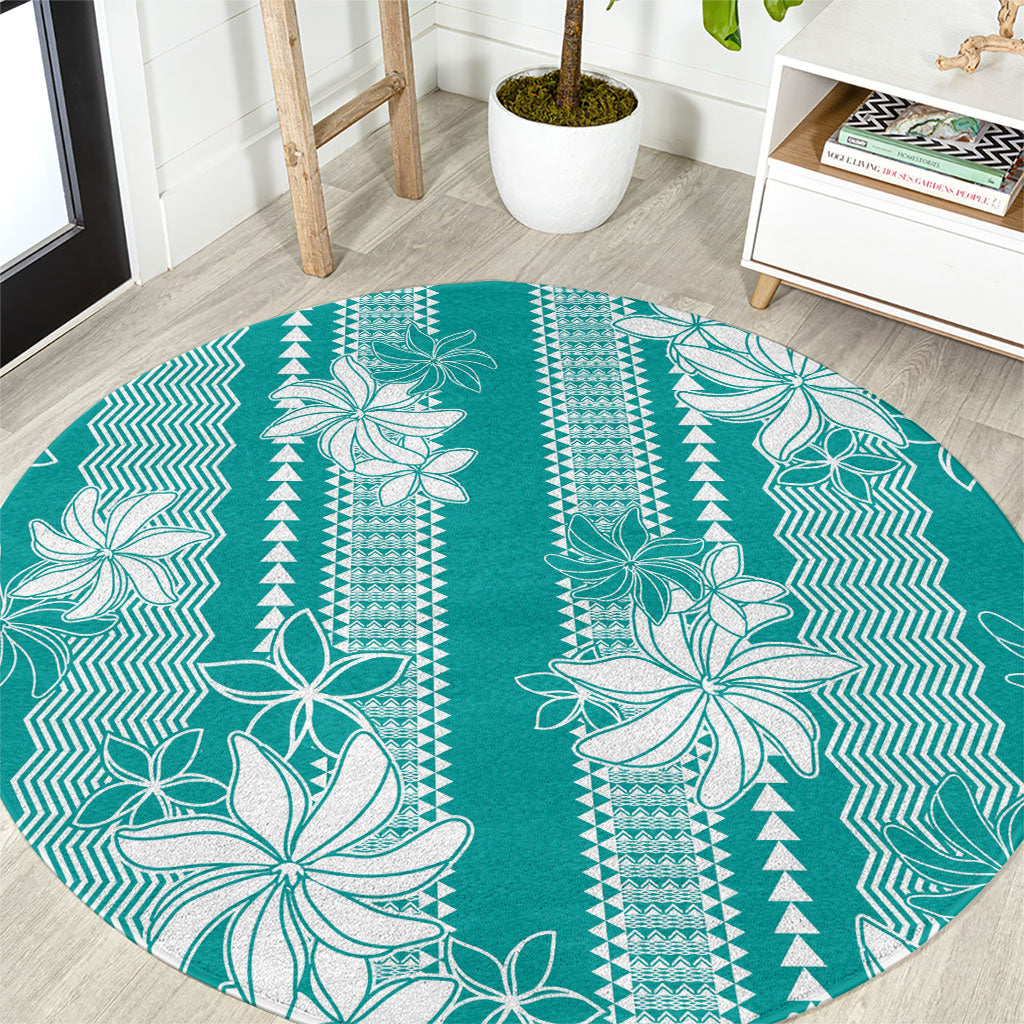Hawaii Kakau Tribal Round Carpet With Teal Tiare
