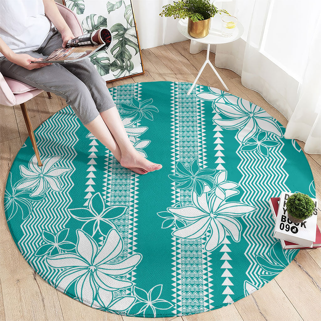 Hawaii Kakau Tribal Round Carpet With Teal Tiare