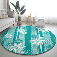Hawaii Kakau Tribal Round Carpet With Teal Tiare