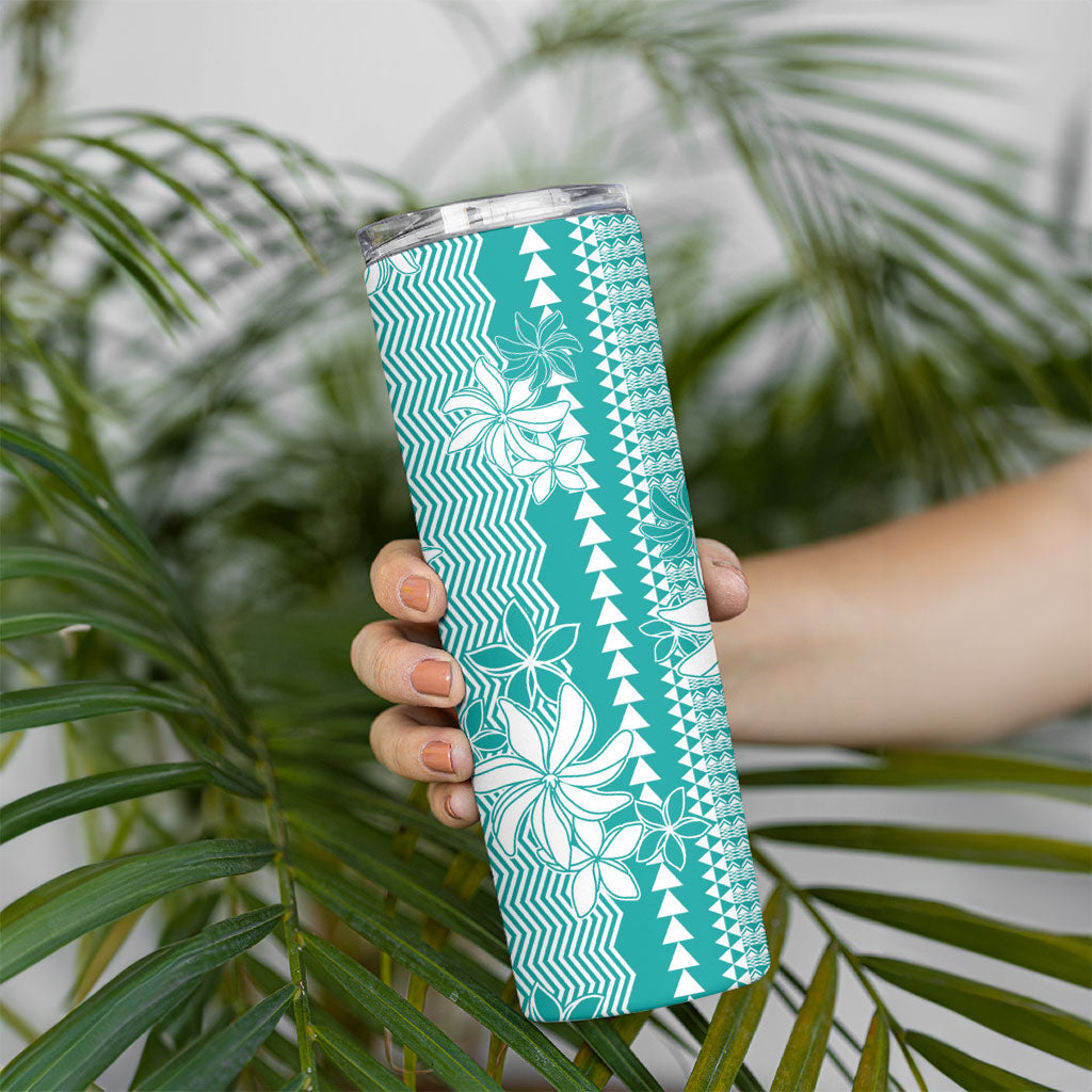 Hawaii Kakau Tribal Skinny Tumbler With Teal Tiare