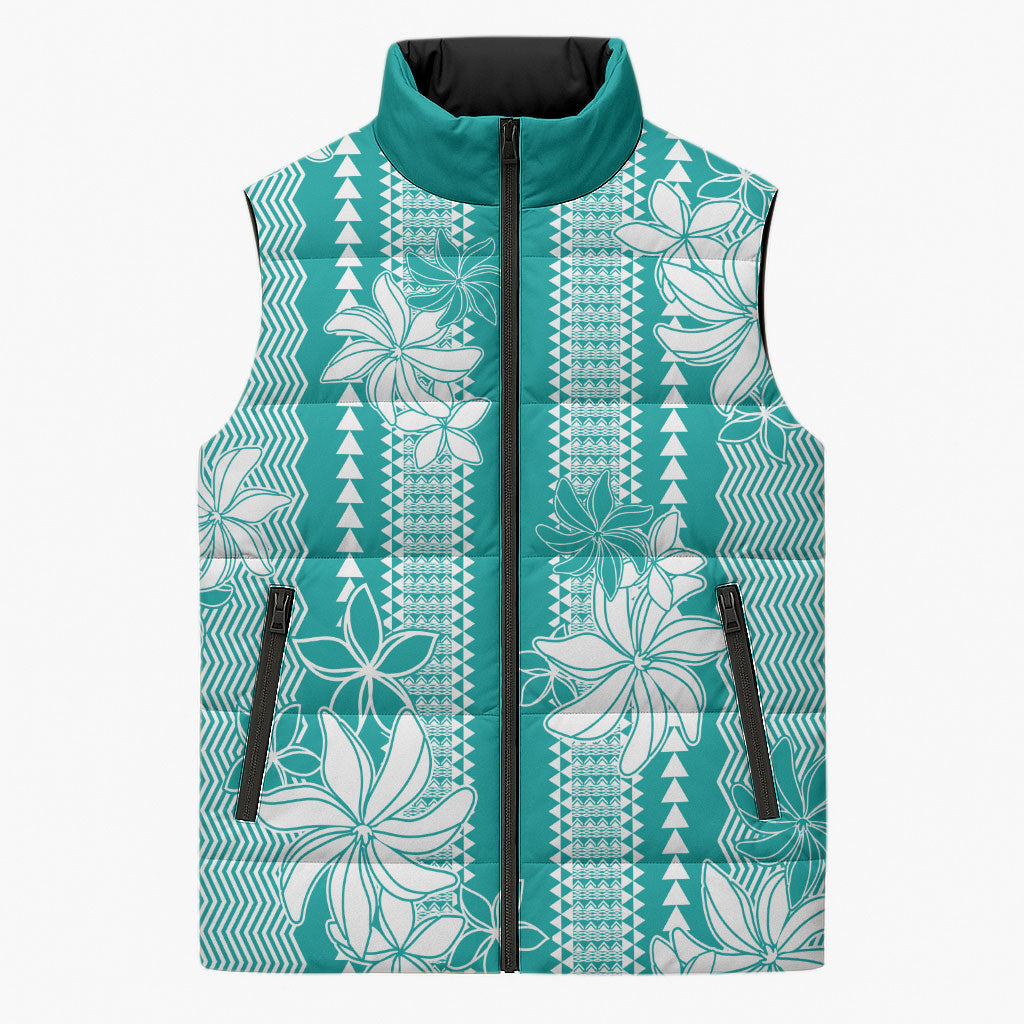 Hawaii Kakau Tribal Sleeveless Puffer Jacket With Teal Tiare