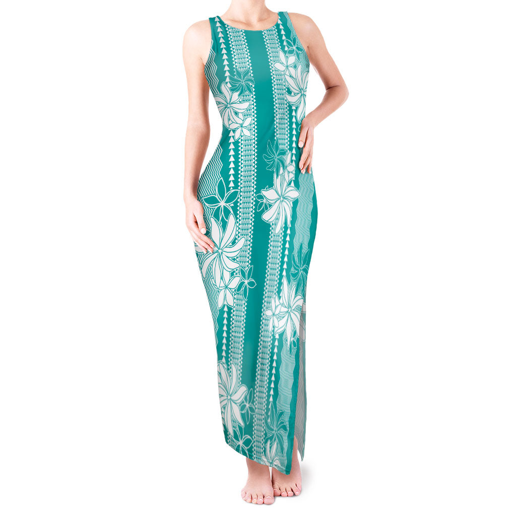 Hawaii Kakau Tribal Tank Maxi Dress With Teal Tiare