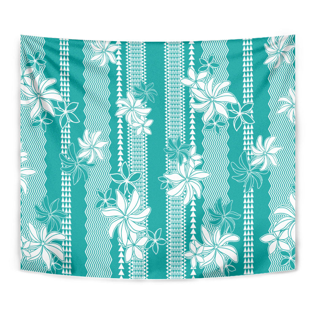 Hawaii Kakau Tribal Tapestry With Teal Tiare