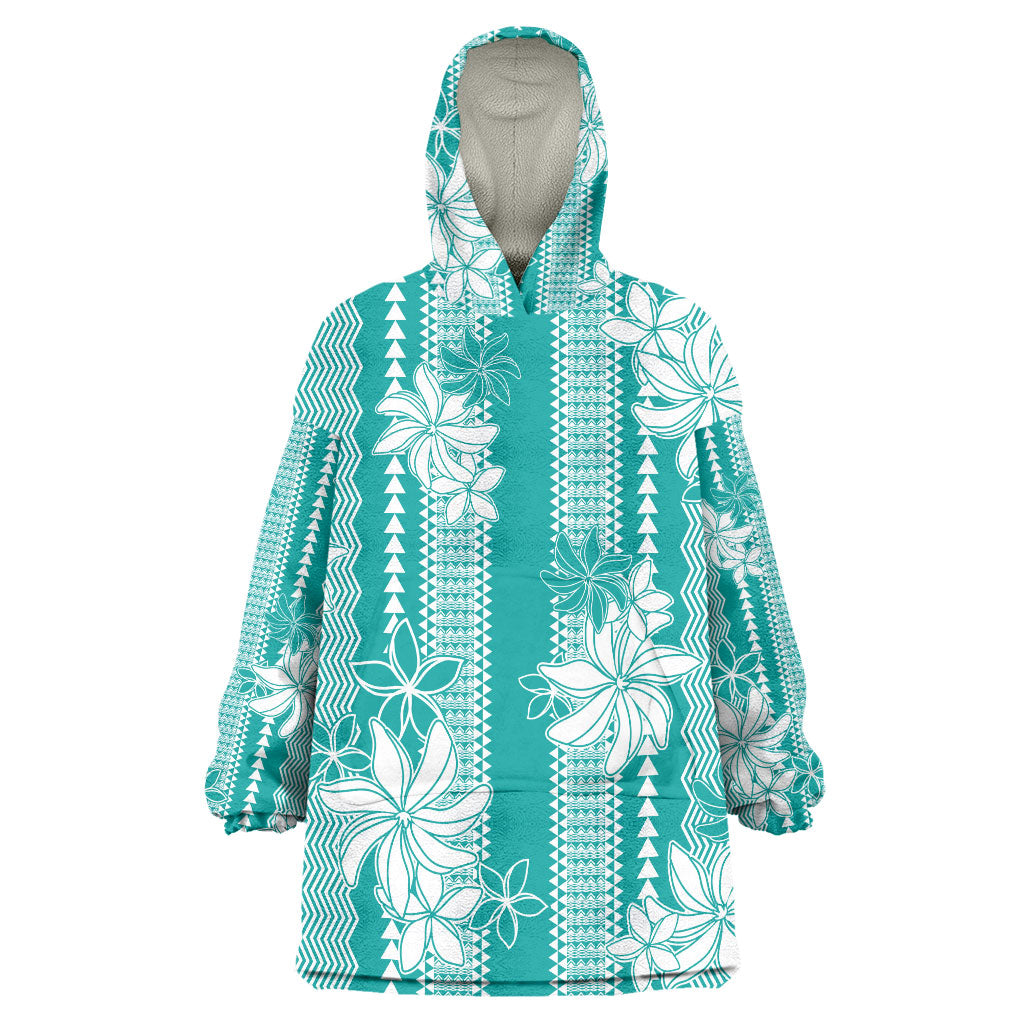 Hawaii Kakau Tribal Wearable Blanket Hoodie With Teal Tiare