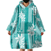 Hawaii Kakau Tribal Wearable Blanket Hoodie With Teal Tiare