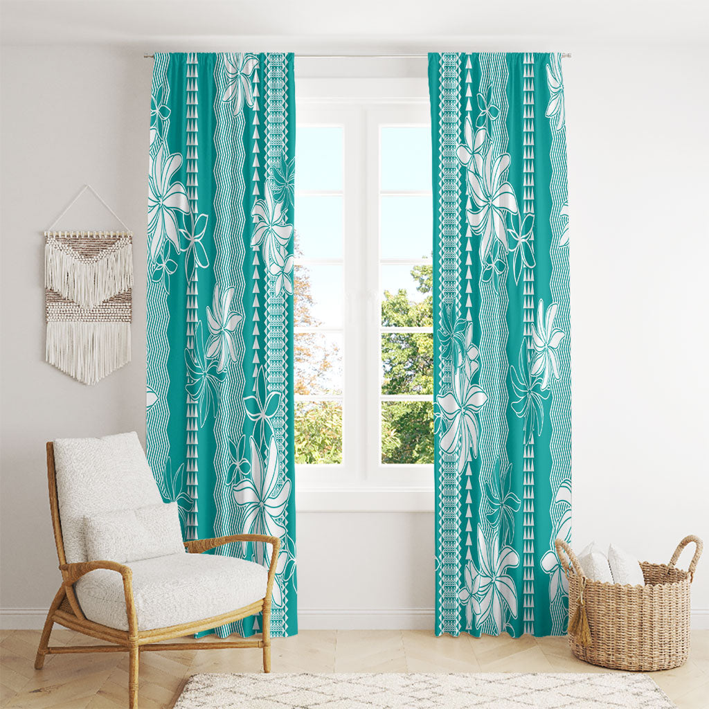 Hawaii Kakau Tribal Window Curtain With Teal Tiare
