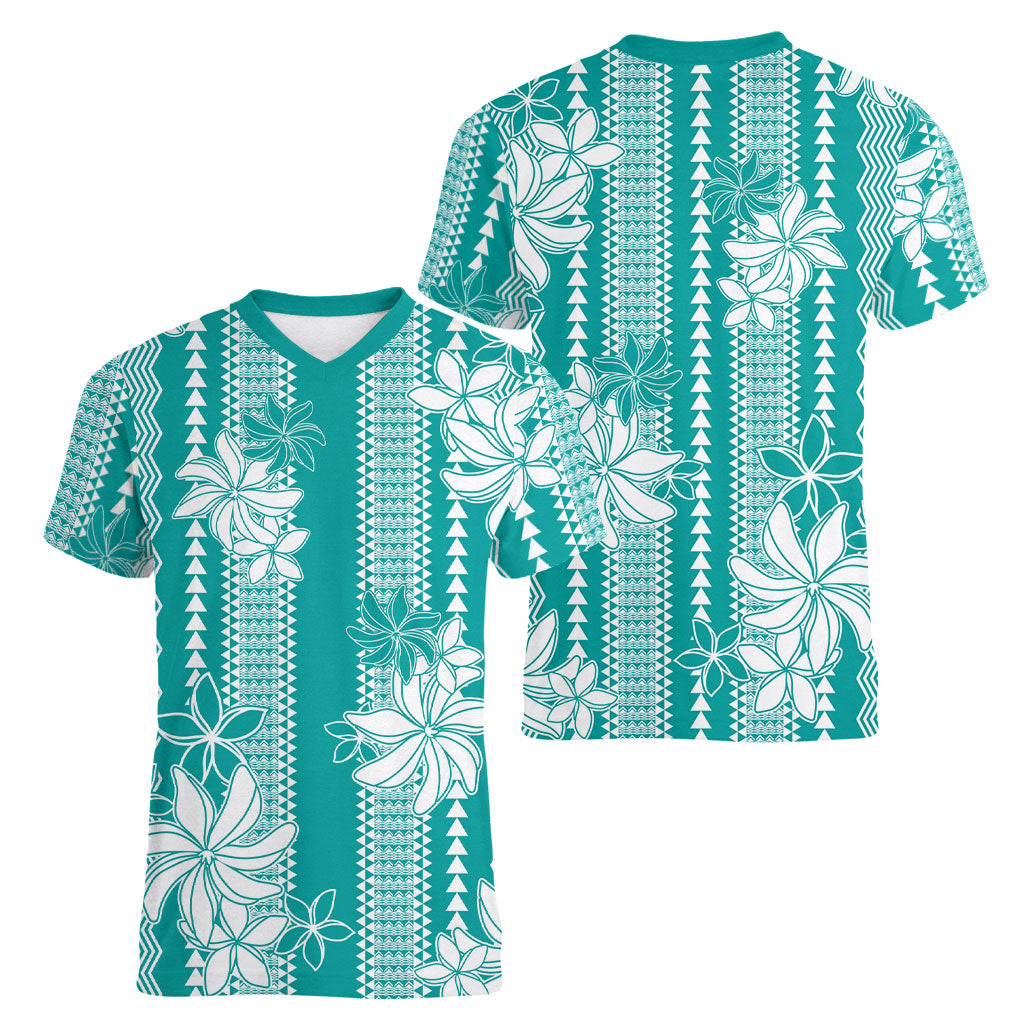 Hawaii Kakau Tribal Women V-Neck T-Shirt With Teal Tiare