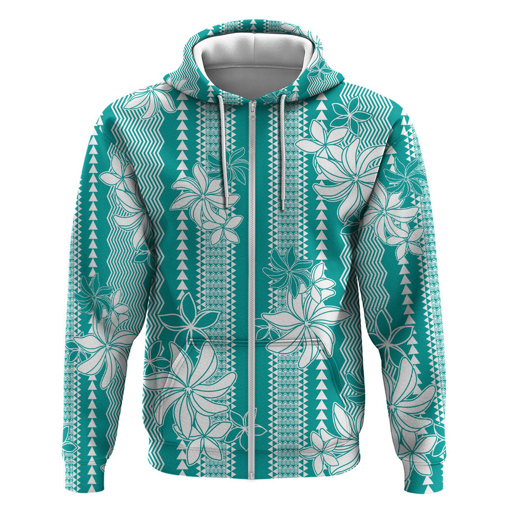 Hawaii Kakau Tribal Zip Hoodie With Teal Tiare LT05 Zip Hoodie Teal - Polynesian Pride