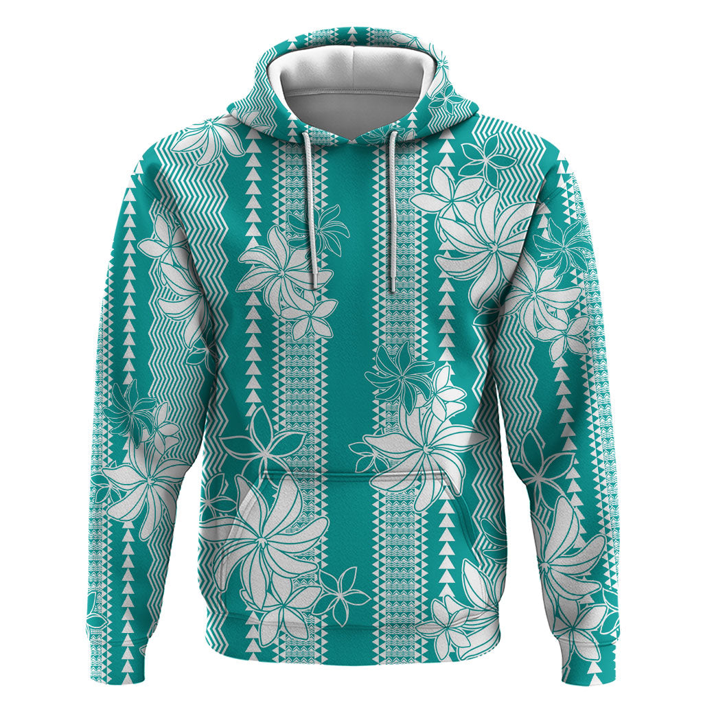 Hawaii Kakau Tribal Zip Hoodie With Teal Tiare LT05 Pullover Hoodie Teal - Polynesian Pride