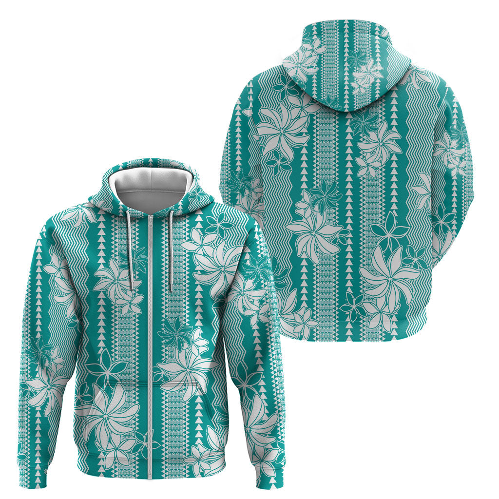 Hawaii Kakau Tribal Zip Hoodie With Teal Tiare LT05 - Polynesian Pride
