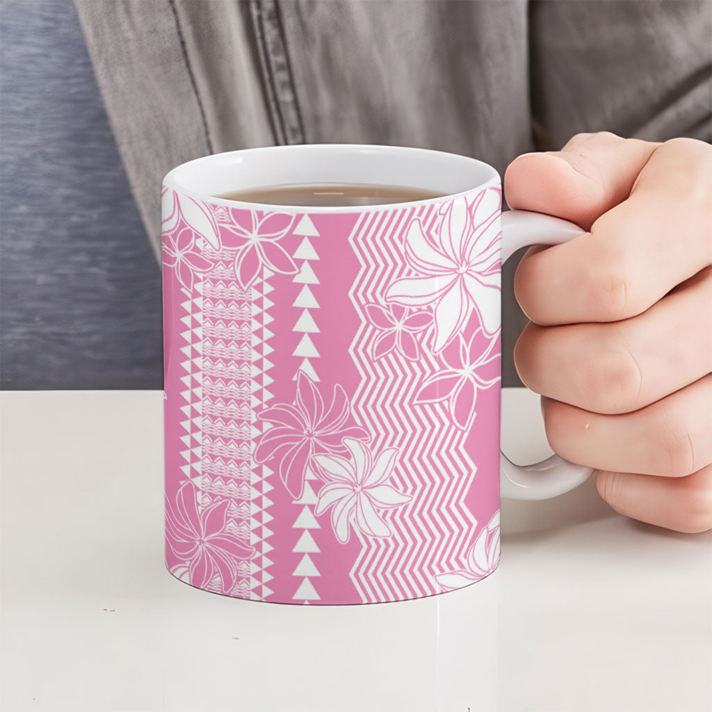 Hawaii Kakau Tribal Ceramic Mug With Pink Tiare
