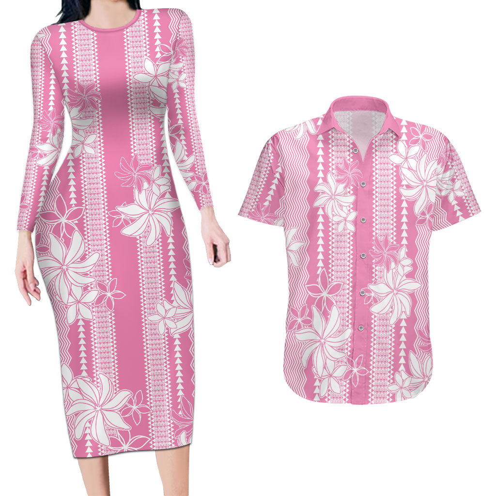 Hawaii Kakau Tribal Couples Matching Long Sleeve Bodycon Dress and Hawaiian Shirt With Pink Tiare