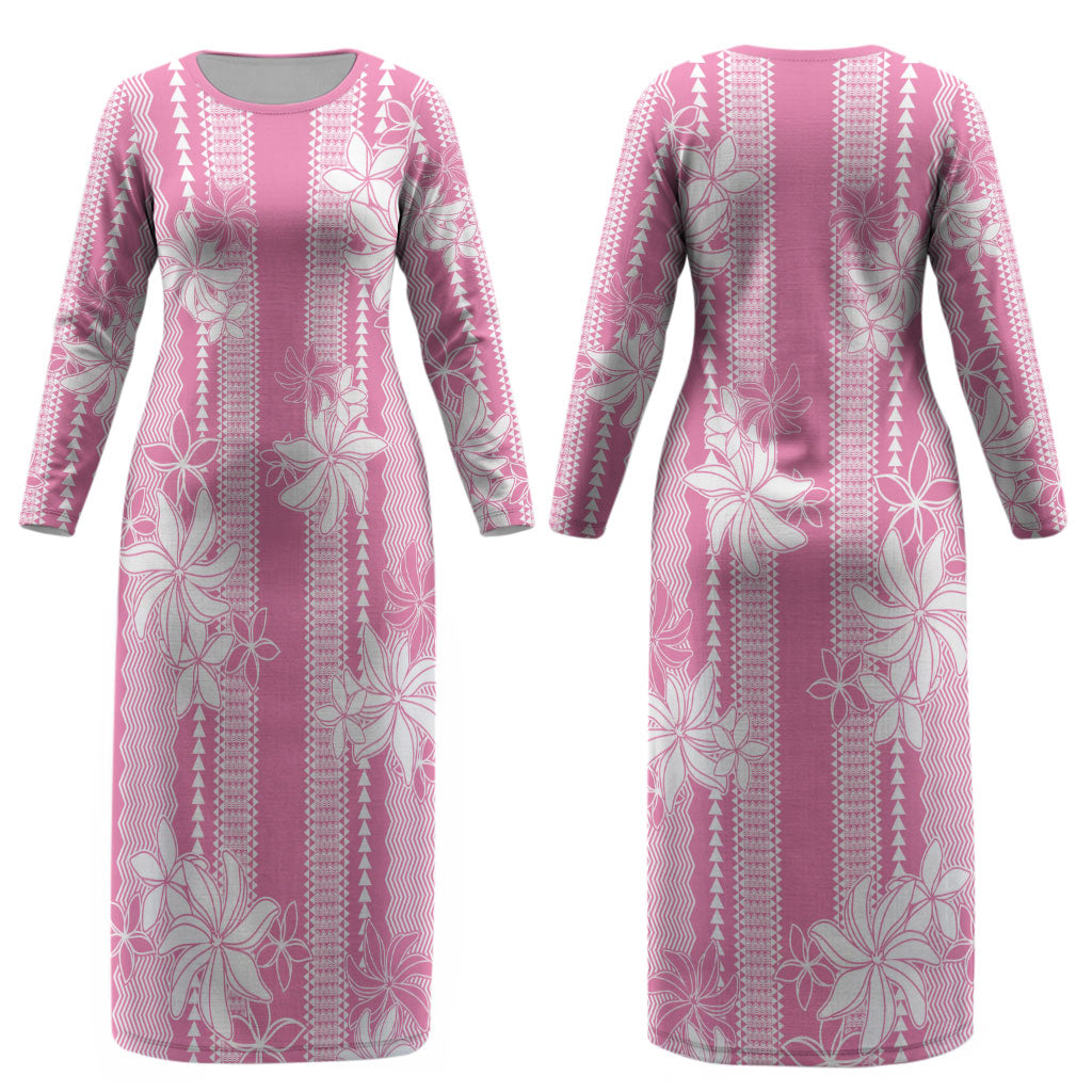Hawaii Kakau Tribal Couples Matching Long Sleeve Bodycon Dress and Hawaiian Shirt With Pink Tiare LT05 - Polynesian Pride