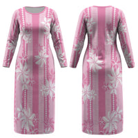 Hawaii Kakau Tribal Couples Matching Long Sleeve Bodycon Dress and Hawaiian Shirt With Pink Tiare LT05 - Polynesian Pride