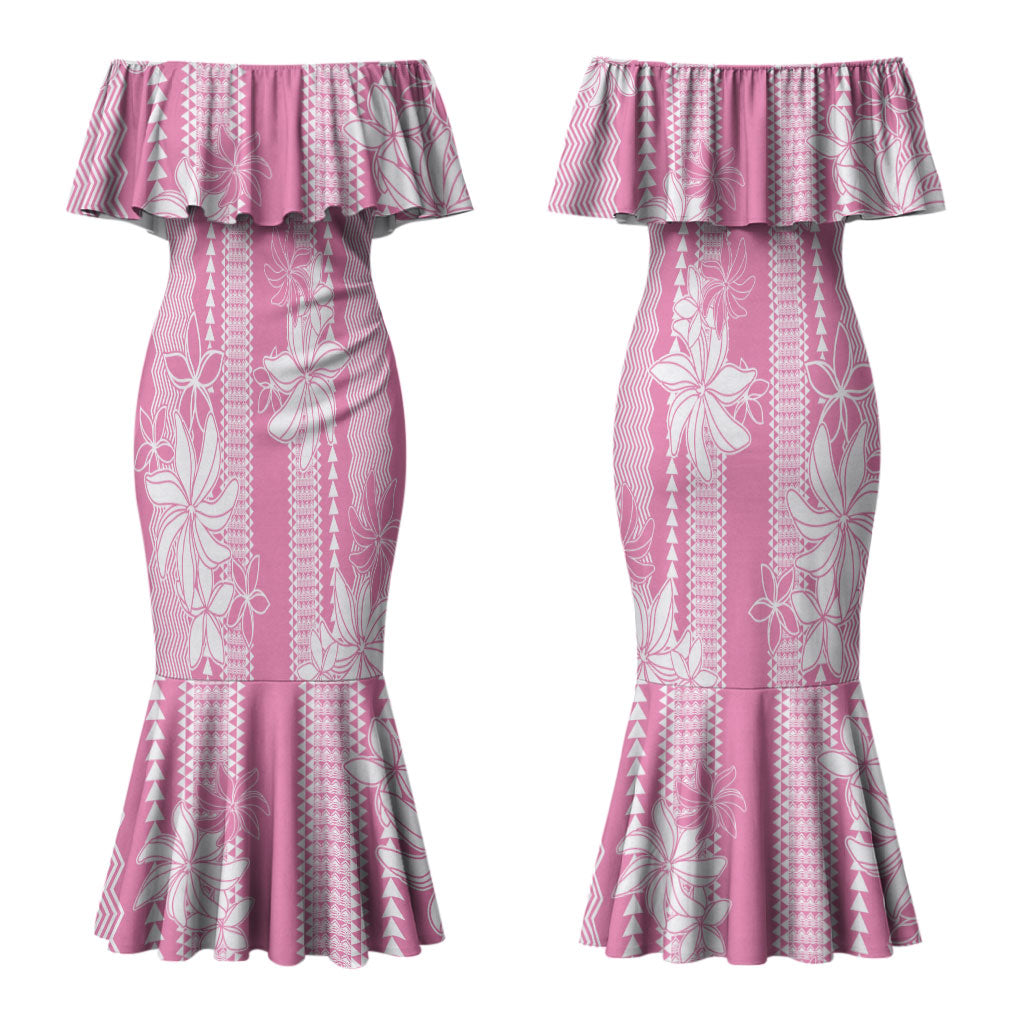 Hawaii Kakau Tribal Couples Matching Mermaid Dress and Long Sleeve Button Shirt With Pink Tiare LT05 - Polynesian Pride