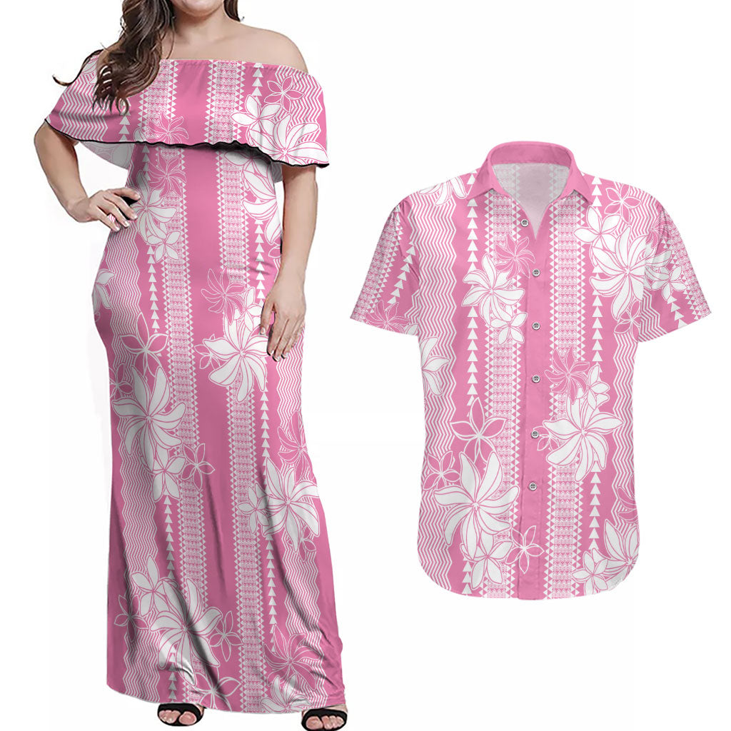 Hawaii Kakau Tribal Couples Matching Off Shoulder Maxi Dress and Hawaiian Shirt With Pink Tiare