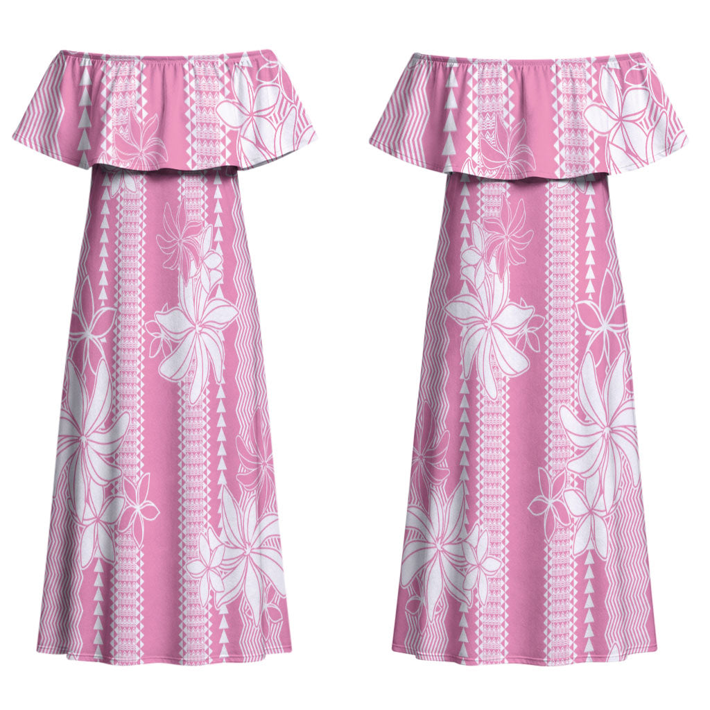 Hawaii Kakau Tribal Couples Matching Off Shoulder Maxi Dress and Hawaiian Shirt With Pink Tiare LT05 - Polynesian Pride