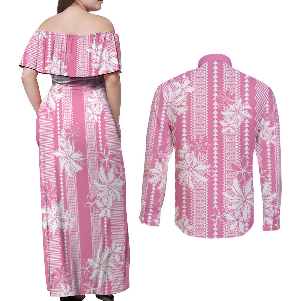 Hawaii Kakau Tribal Couples Matching Off Shoulder Maxi Dress and Long Sleeve Button Shirt With Pink Tiare