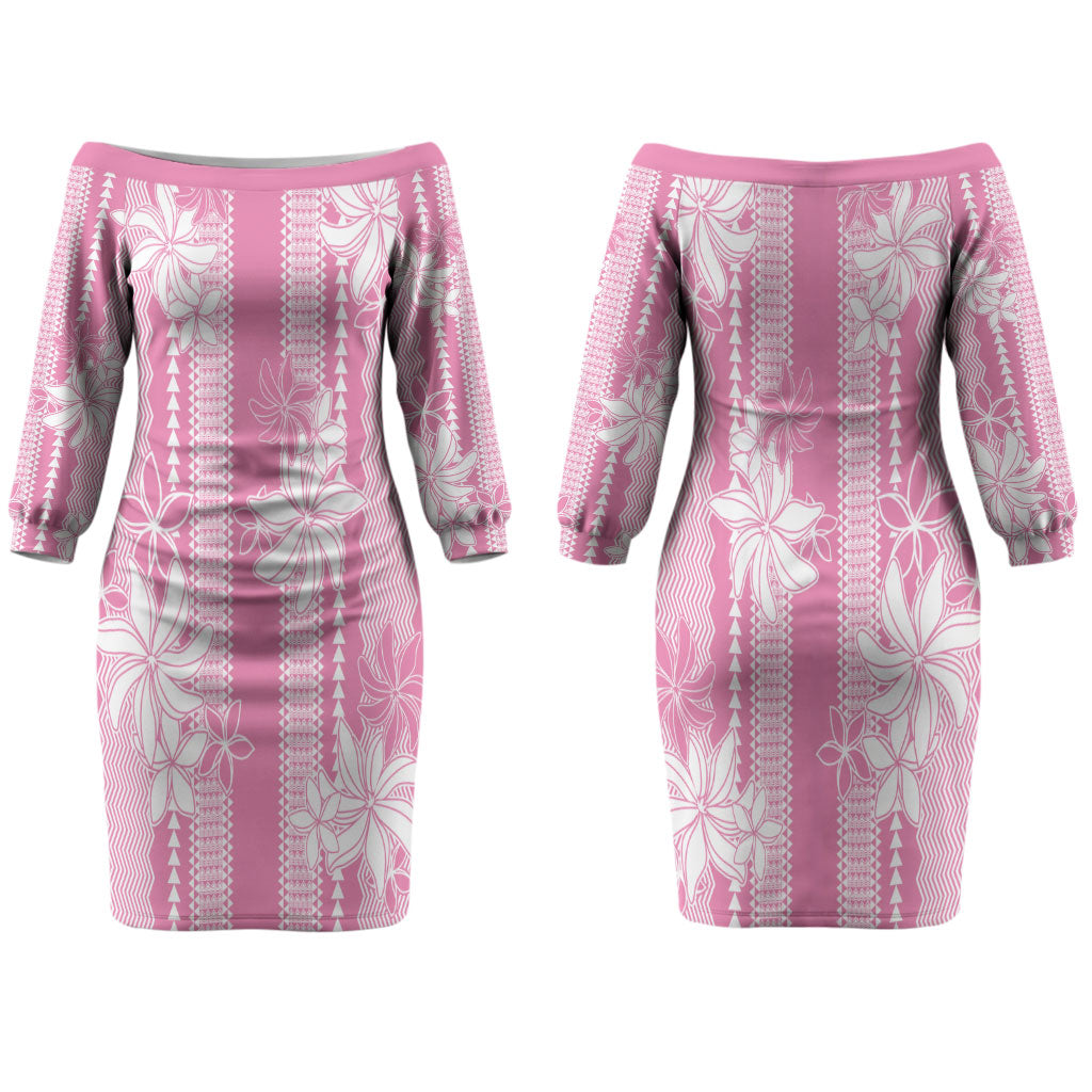 Hawaii Kakau Tribal Couples Matching Off The Shoulder Long Sleeve Dress and Hawaiian Shirt With Pink Tiare LT05 - Polynesian Pride