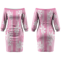 Hawaii Kakau Tribal Couples Matching Off The Shoulder Long Sleeve Dress and Hawaiian Shirt With Pink Tiare LT05 - Polynesian Pride