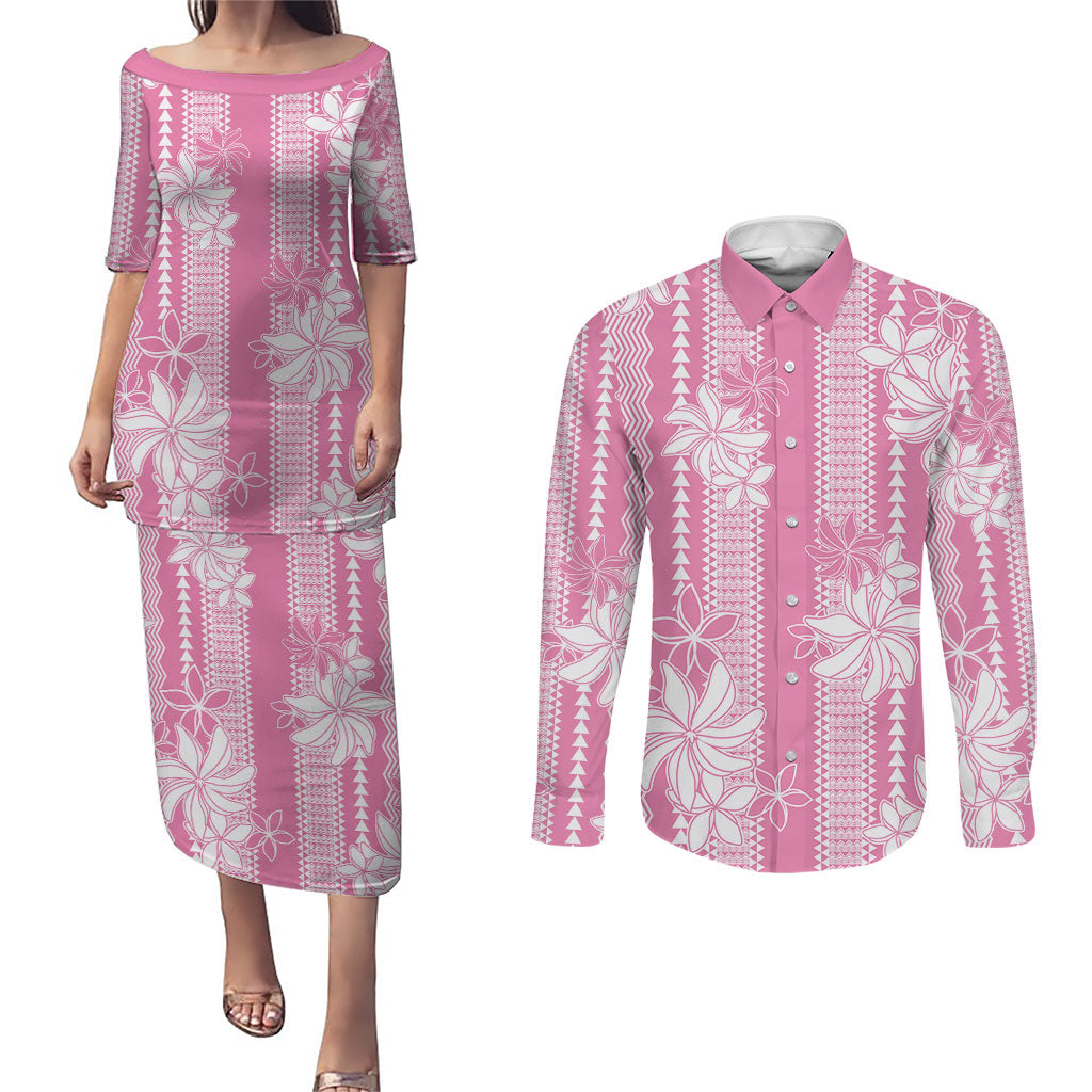 Hawaii Kakau Tribal Couples Matching Puletasi and Long Sleeve Button Shirt With Pink Tiare