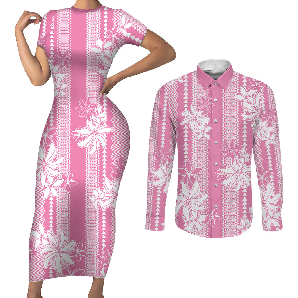 Hawaii Kakau Tribal Couples Matching Short Sleeve Bodycon Dress and Long Sleeve Button Shirt With Pink Tiare