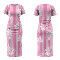 Hawaii Kakau Tribal Couples Matching Short Sleeve Bodycon Dress and Long Sleeve Button Shirt With Pink Tiare LT05 - Polynesian Pride