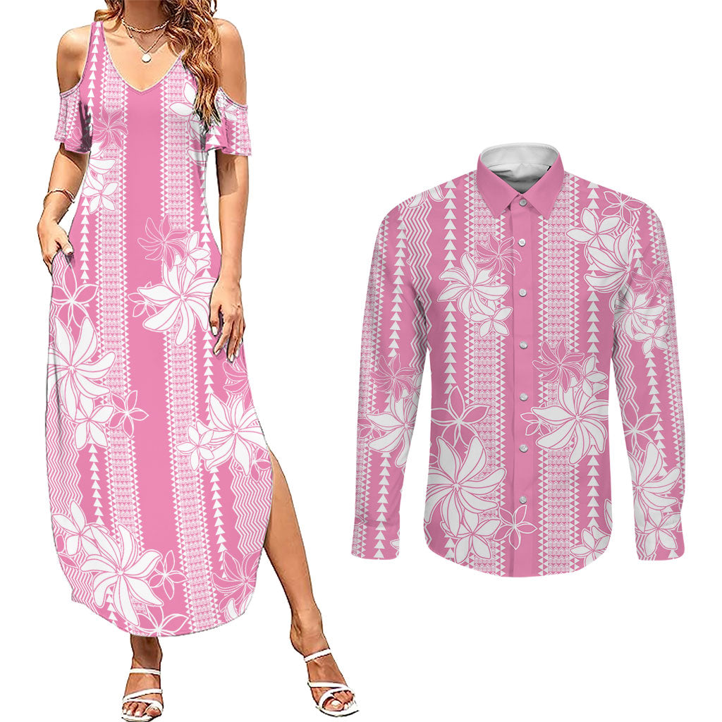 Hawaii Kakau Tribal Couples Matching Summer Maxi Dress and Long Sleeve Button Shirt With Pink Tiare
