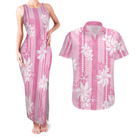 Hawaii Kakau Tribal Couples Matching Tank Maxi Dress and Hawaiian Shirt With Pink Tiare