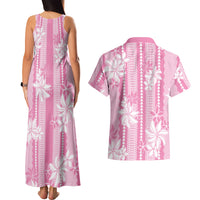 Hawaii Kakau Tribal Couples Matching Tank Maxi Dress and Hawaiian Shirt With Pink Tiare