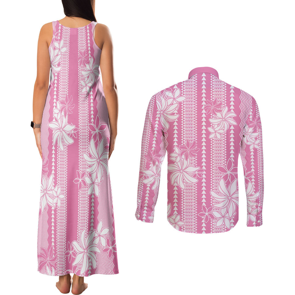 Hawaii Kakau Tribal Couples Matching Tank Maxi Dress and Long Sleeve Button Shirt With Pink Tiare