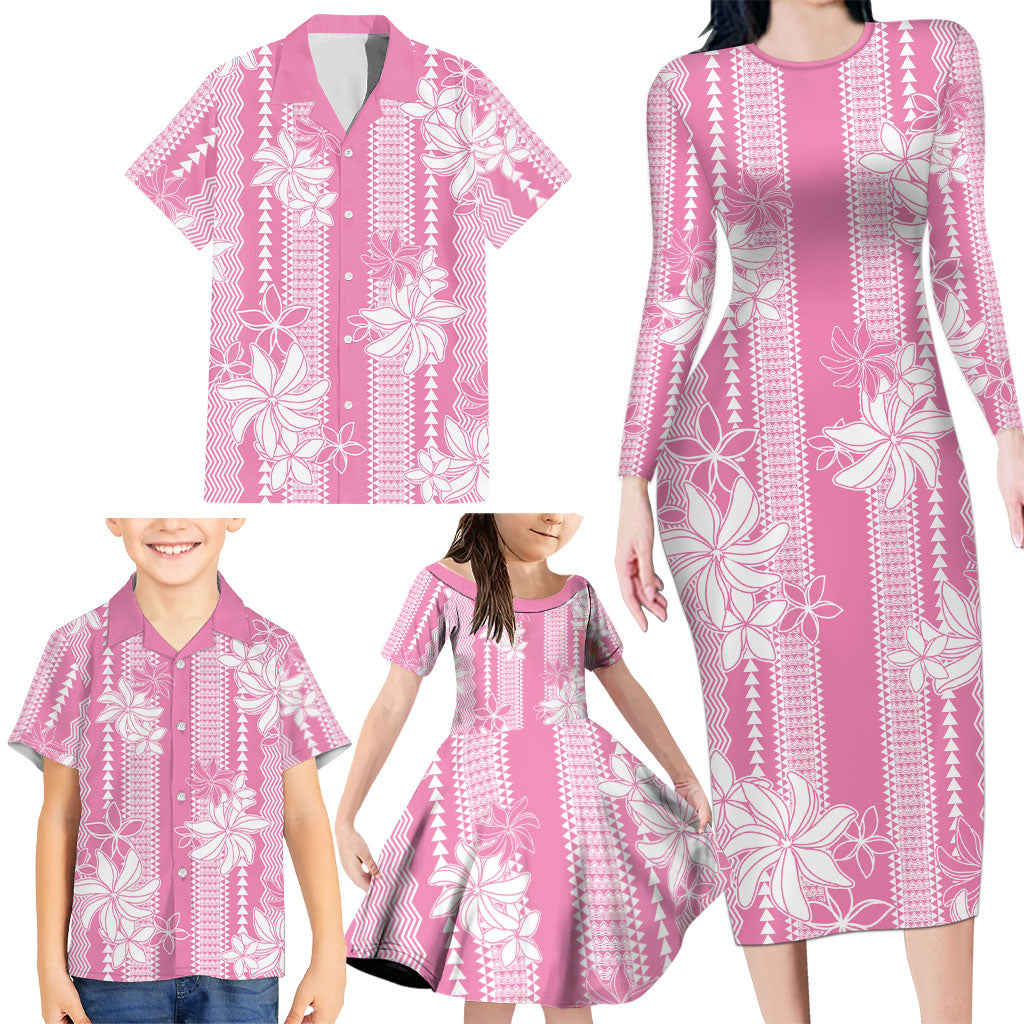 Hawaii Kakau Tribal Family Matching Long Sleeve Bodycon Dress and Hawaiian Shirt With Pink Tiare